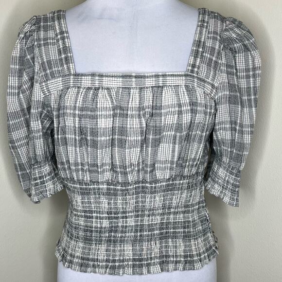 Universal Thread Milkmaid Top Medium Puff Sleeve Gray Woven Smocked Plaid New - Picture 1 of 11